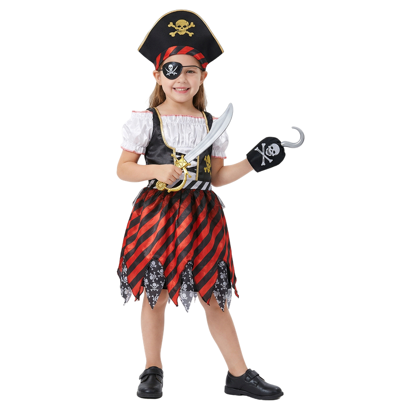 (130CM) Girls Pirate Costume Set Caribbean Themed Dress with Skull Print Halloween Party Cosply Outfit Includes Toy Gift Carnival 3-12Y