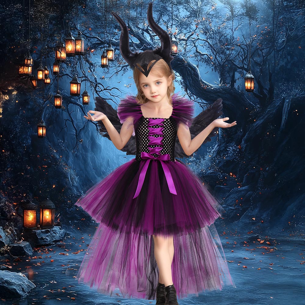 (L) Girls Sleeping Curse Costume Dress Halloween Party Cosplay Witch Performance Outfit Trailing Train Gown