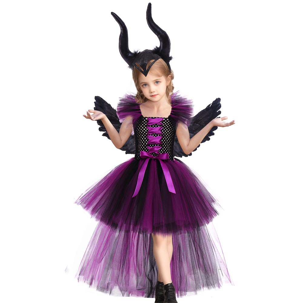(L) Girls Sleeping Curse Costume Dress Halloween Party Cosplay Witch Performance Outfit Trailing Train Gown