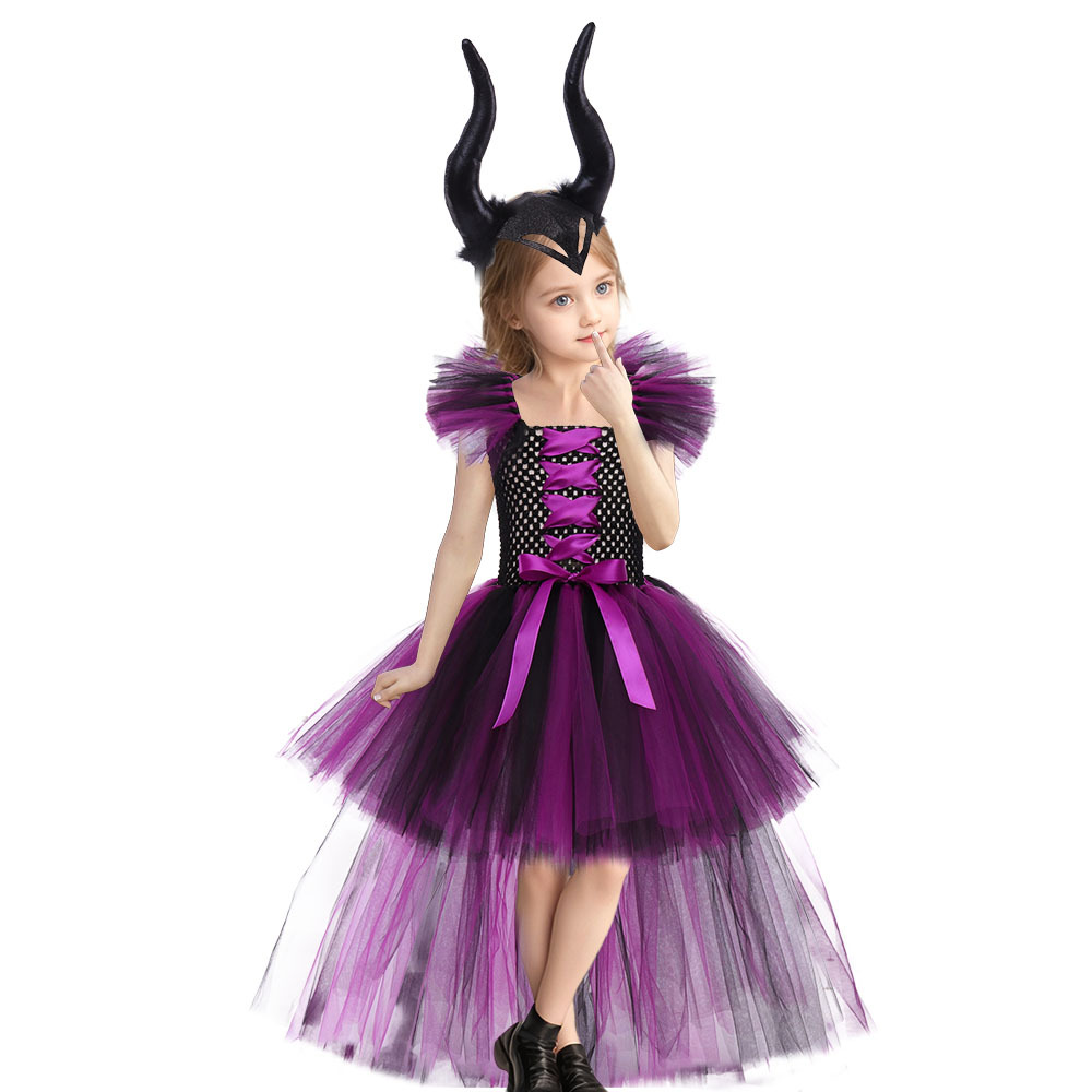 (L) Girls Sleeping Curse Costume Dress Halloween Party Cosplay Witch Performance Outfit Trailing Train Gown