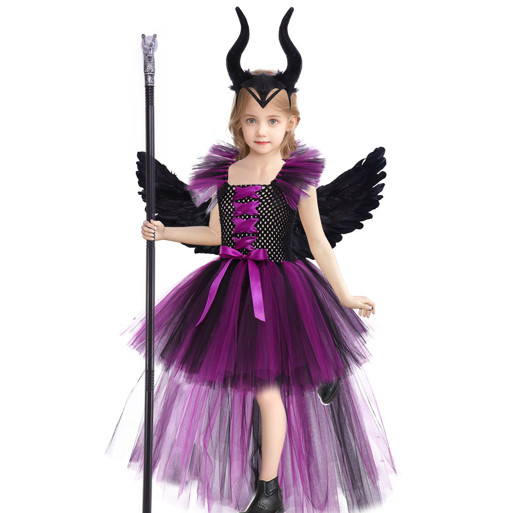 (L) Girls Sleeping Curse Costume Dress Halloween Party Cosplay Witch Performance Outfit Trailing Train Gown