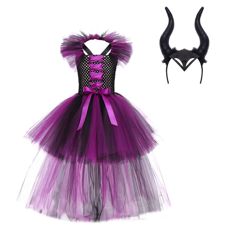 (L) Girls Sleeping Curse Costume Dress Halloween Party Cosplay Witch Performance Outfit Trailing Train Gown
