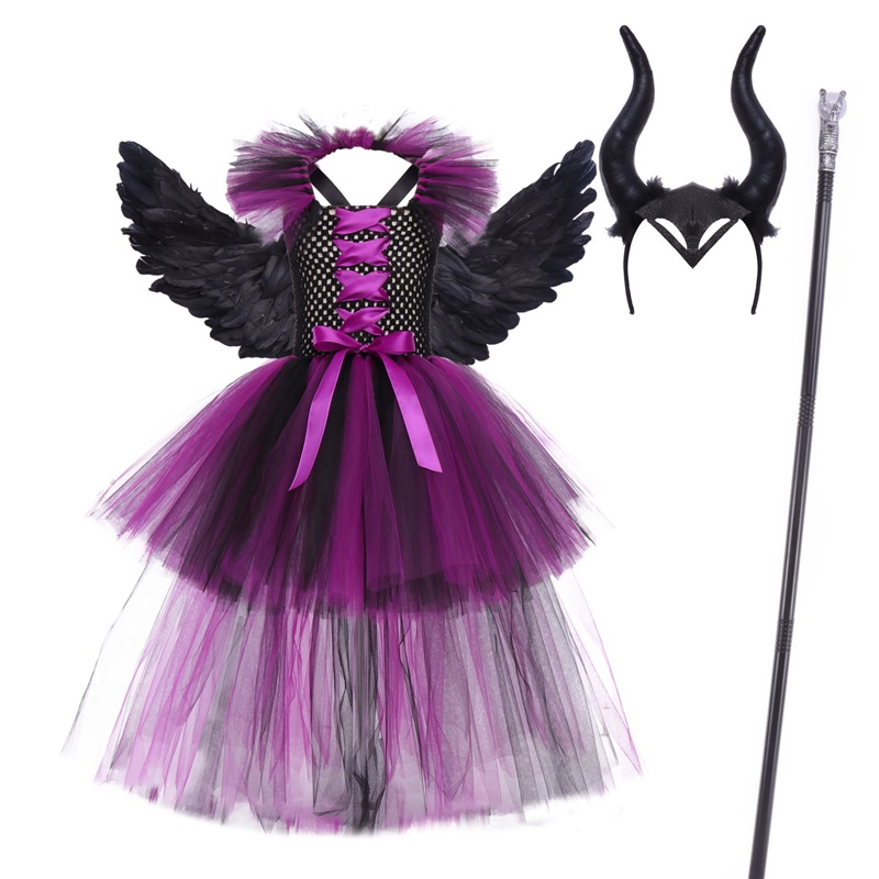 (L) Girls Sleeping Curse Costume Dress Halloween Party Cosplay Witch Performance Outfit Trailing Train Gown