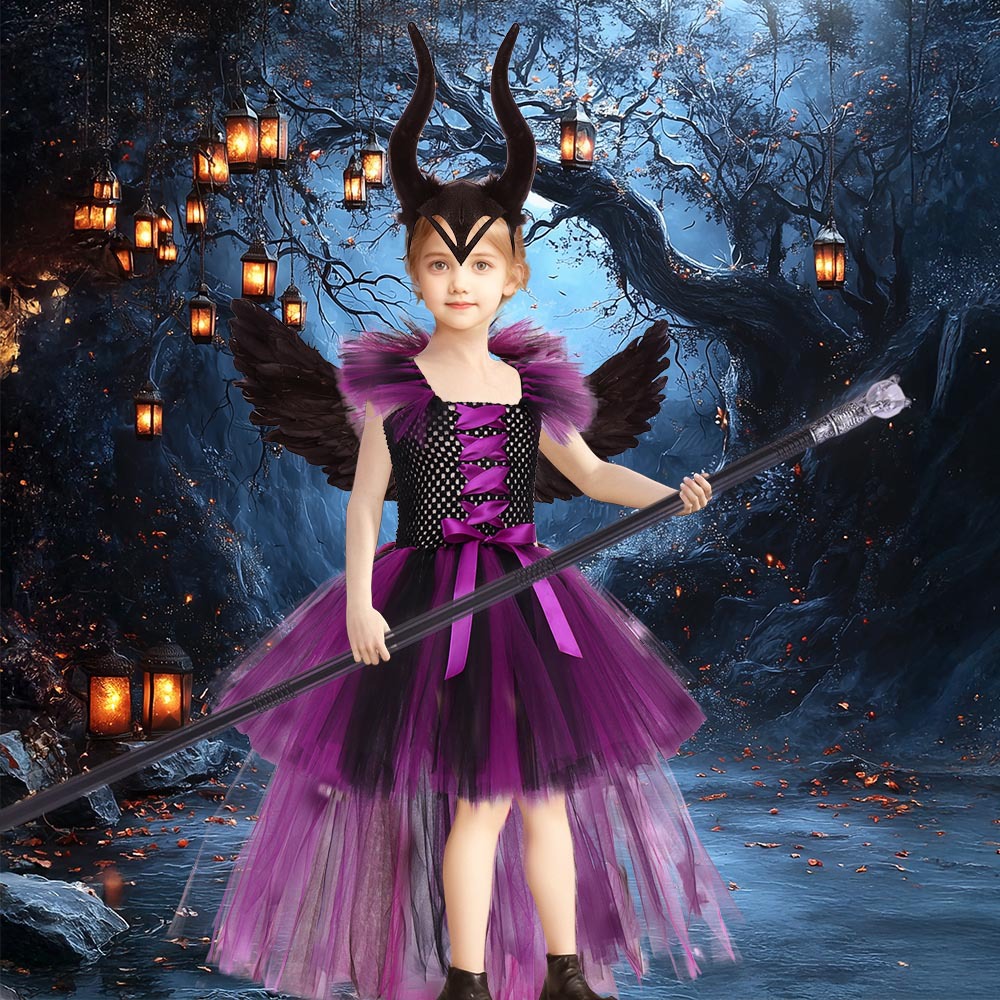 (L) Girls Sleeping Curse Costume Dress Halloween Party Cosplay Witch Performance Outfit Trailing Train Gown