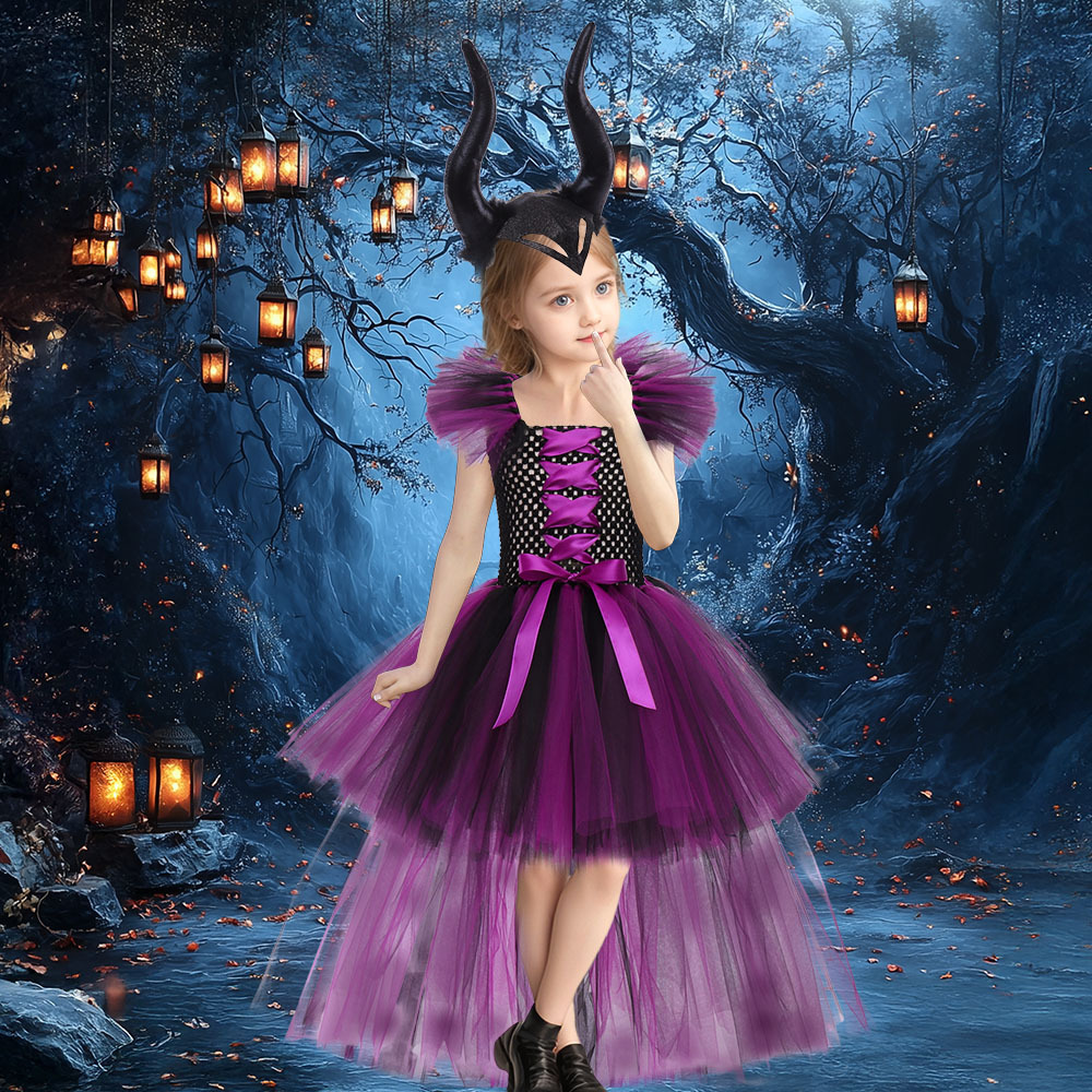 (L) Girls Sleeping Curse Costume Dress Halloween Party Cosplay Witch Performance Outfit Trailing Train Gown