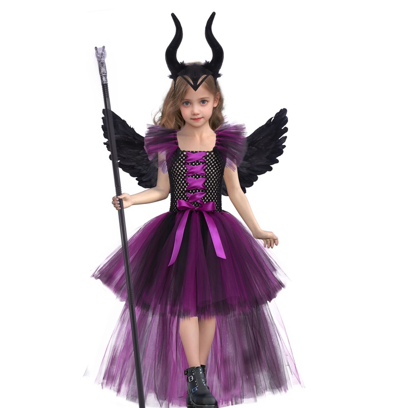 (L) Girls Sleeping Curse Costume Dress Halloween Party Cosplay Witch Performance Outfit Trailing Train Gown