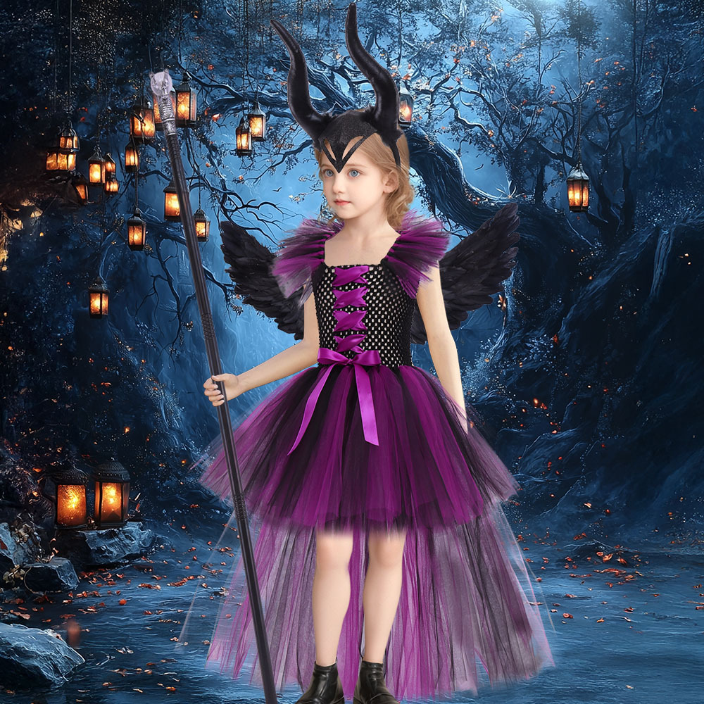 (L) Girls Sleeping Curse Costume Dress Halloween Party Cosplay Witch Performance Outfit Trailing Train Gown