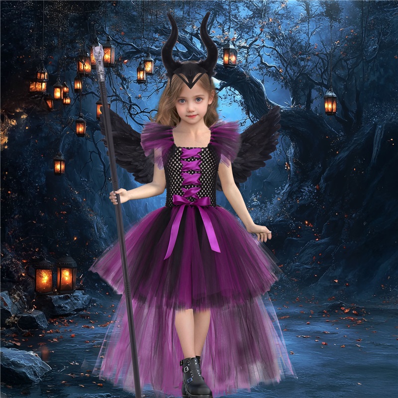 (L) Girls Sleeping Curse Costume Dress Halloween Party Cosplay Witch Performance Outfit Trailing Train Gown