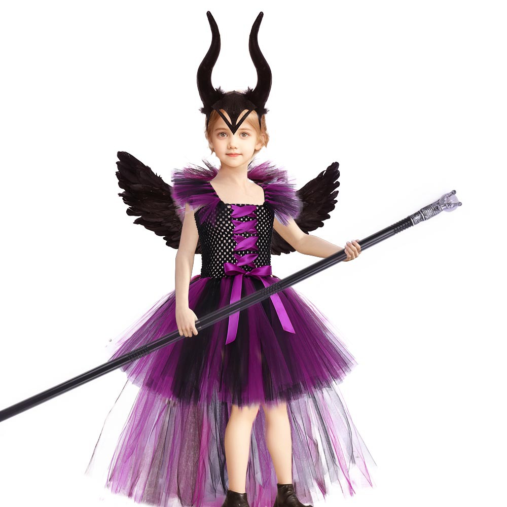 (L) Girls Sleeping Curse Costume Dress Halloween Party Cosplay Witch Performance Outfit Trailing Train Gown