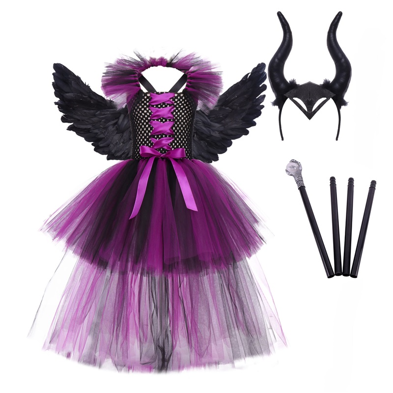 (L) Girls Sleeping Curse Costume Dress Halloween Party Cosplay Witch Performance Outfit Trailing Train Gown