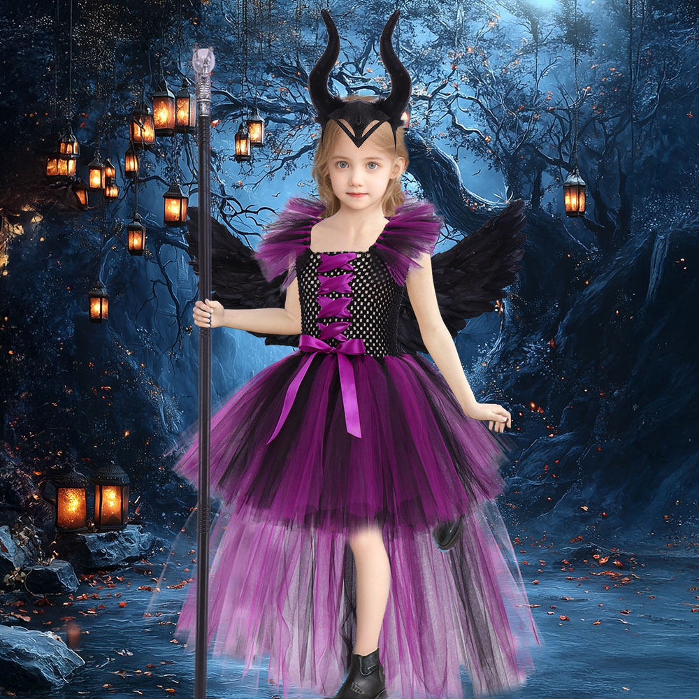 (L) Girls Sleeping Curse Costume Dress Halloween Party Cosplay Witch Performance Outfit Trailing Train Gown