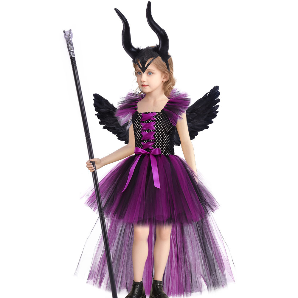 (L) Girls Sleeping Curse Costume Dress Halloween Party Cosplay Witch Performance Outfit Trailing Train Gown