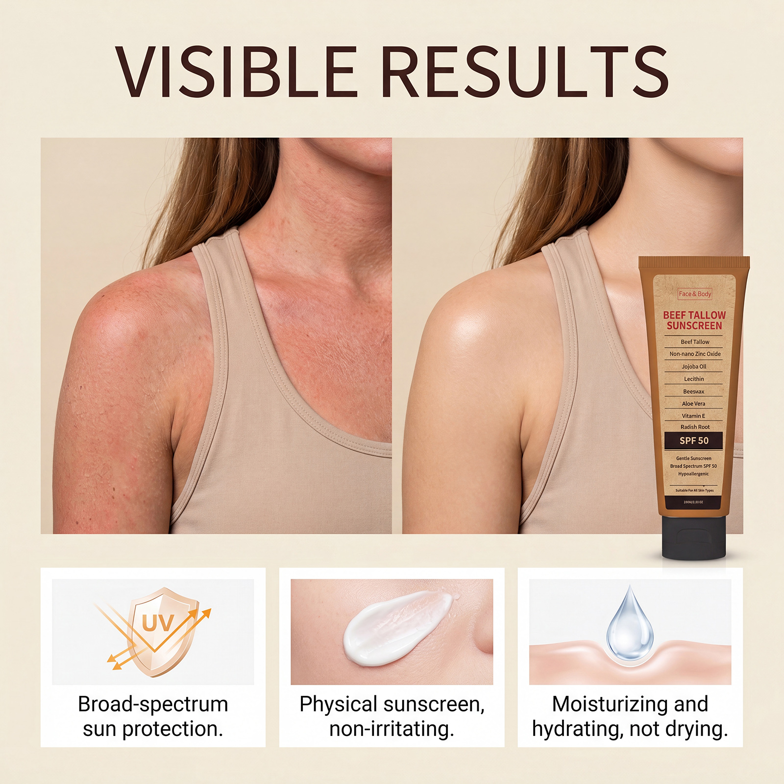 Tallow Moisture Protection Cream Summer Hydrate Refresh Daily Commute Outdoor Face Body Skin Care Soft Light Mild
