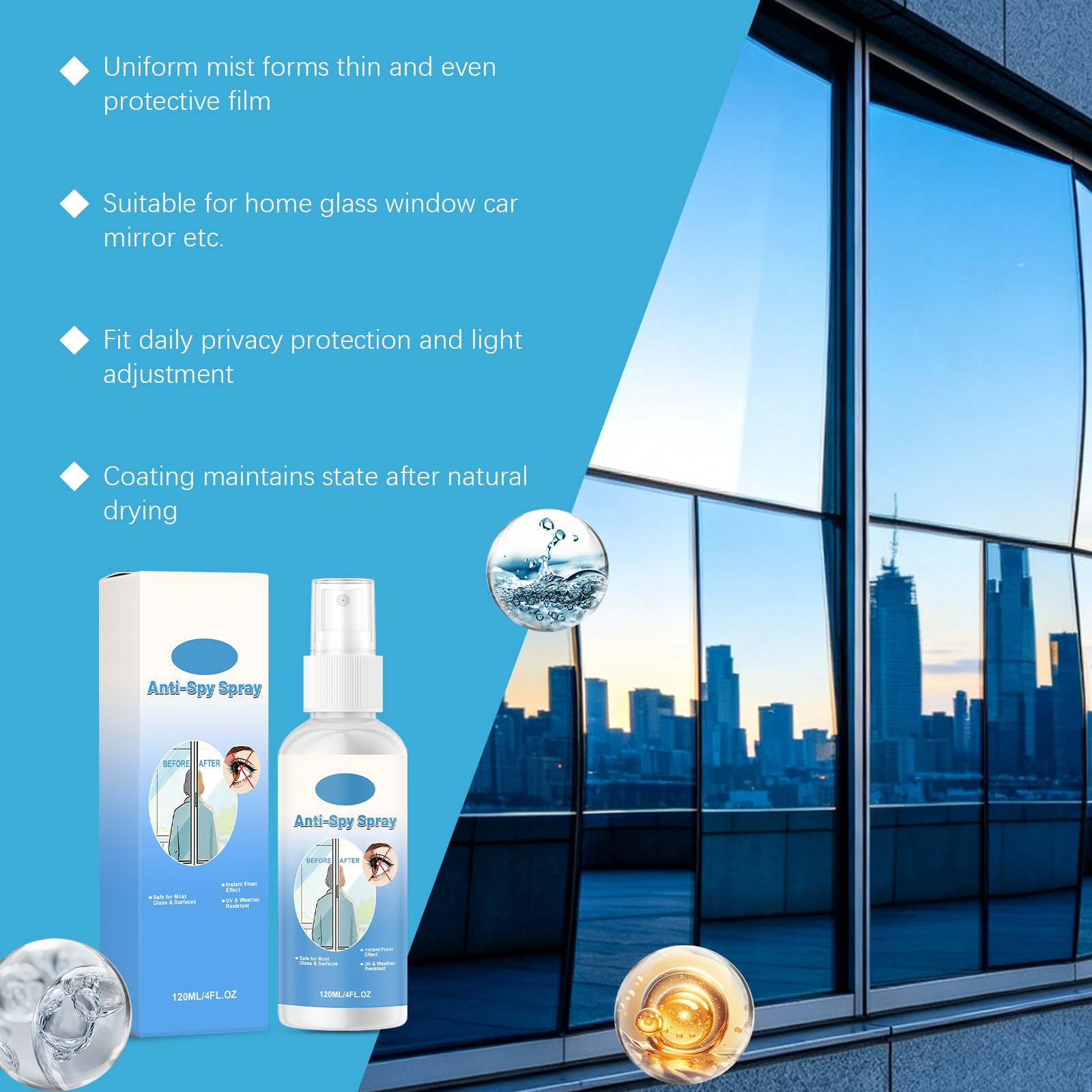 Reflective One Way Mirror Spray Household Bathroom Glass Car Rearview Mirror Brightening Gloss Maintenance Cleansing Mist