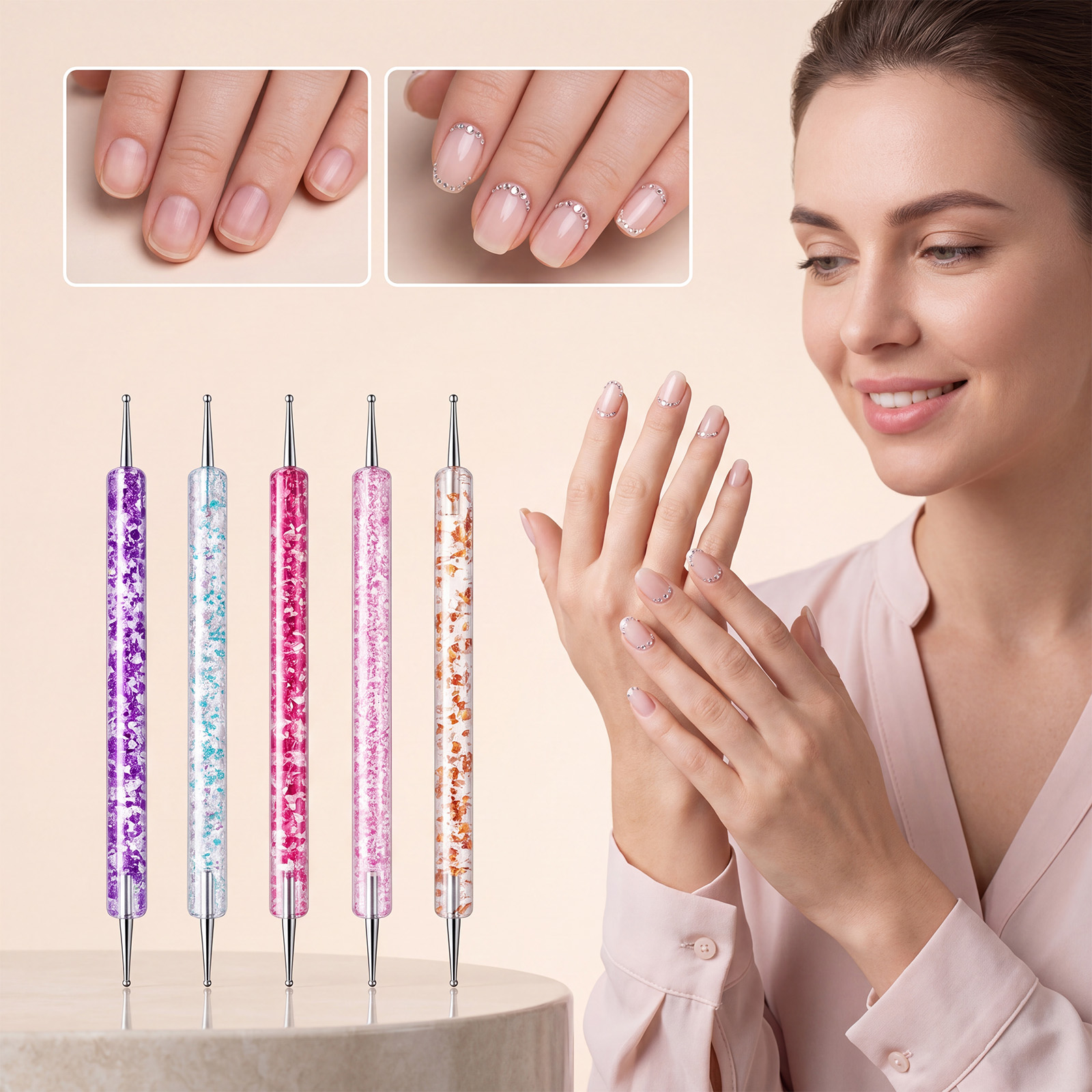 Gold Powder Dotting Needle Five Pack Double Head Crystal Rod Sequins Rod Nail Art Drawing Beading Pen Decorating Kit