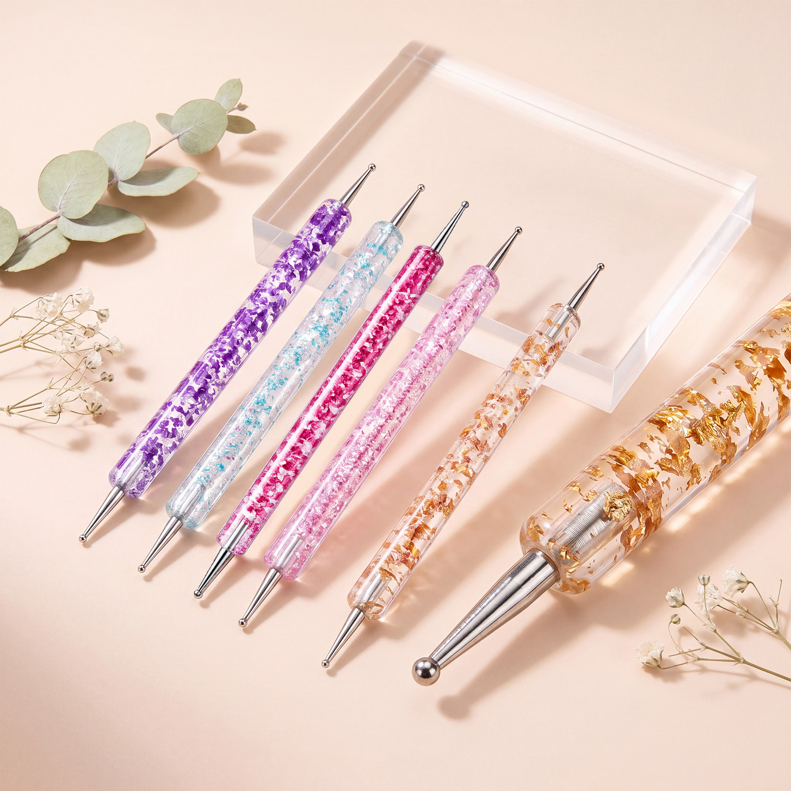 Gold Powder Dotting Needle Five Pack Double Head Crystal Rod Sequins Rod Nail Art Drawing Beading Pen Decorating Kit