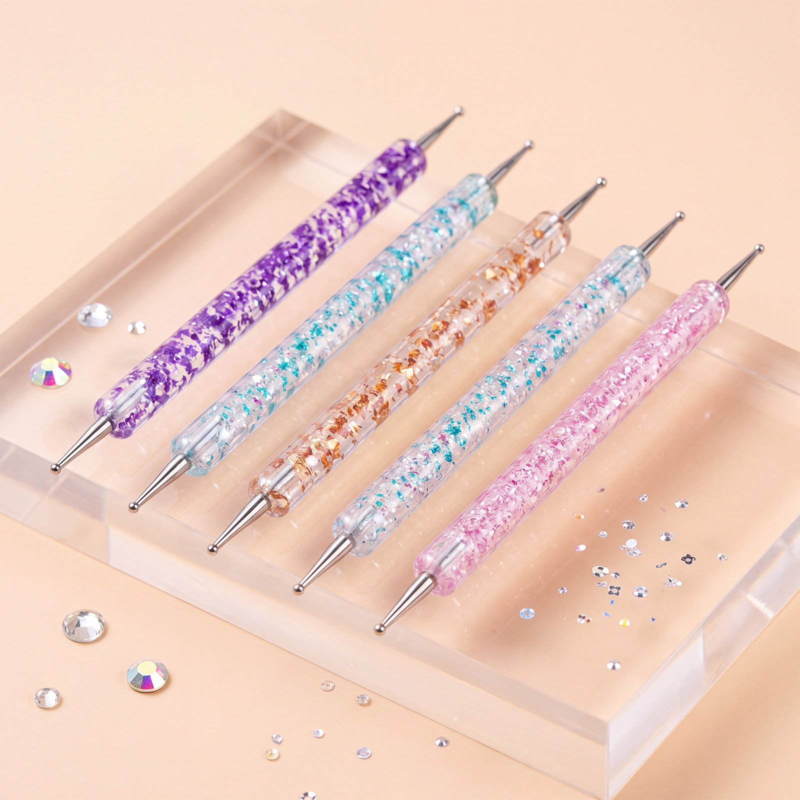 Gold Powder Dotting Needle Five Pack Double Head Crystal Rod Sequins Rod Nail Art Drawing Beading Pen Decorating Kit