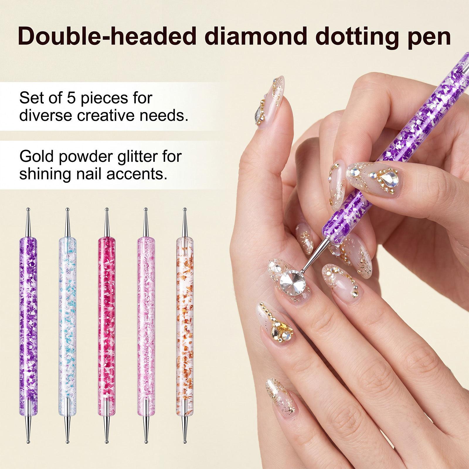 Gold Powder Dotting Needle Five Pack Double Head Crystal Rod Sequins Rod Nail Art Drawing Beading Pen Decorating Kit