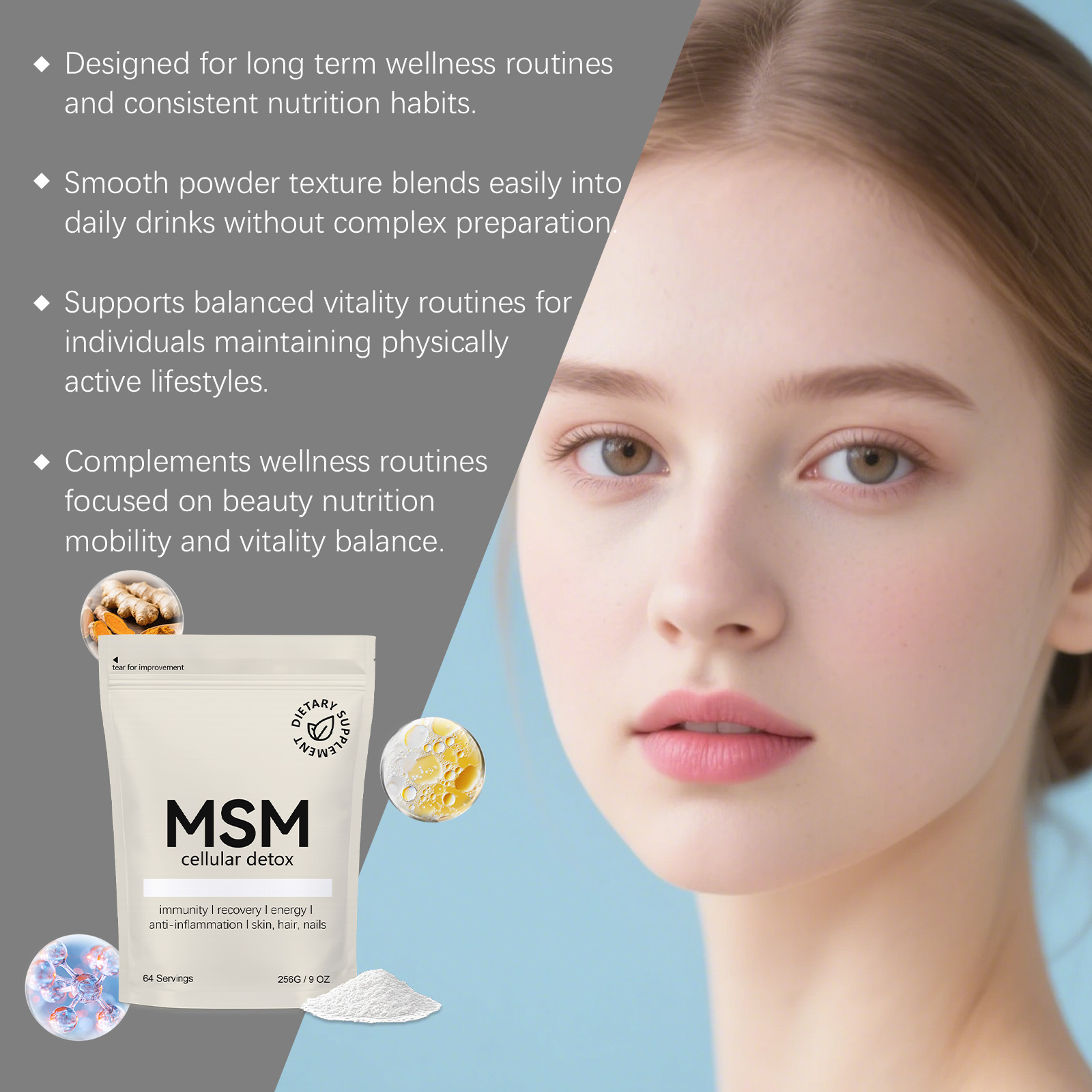 Body Care Supplement Powder Nourish Nutrition Blend Contain MSM Support Muscle Joint Hair Skin Daily Maintain