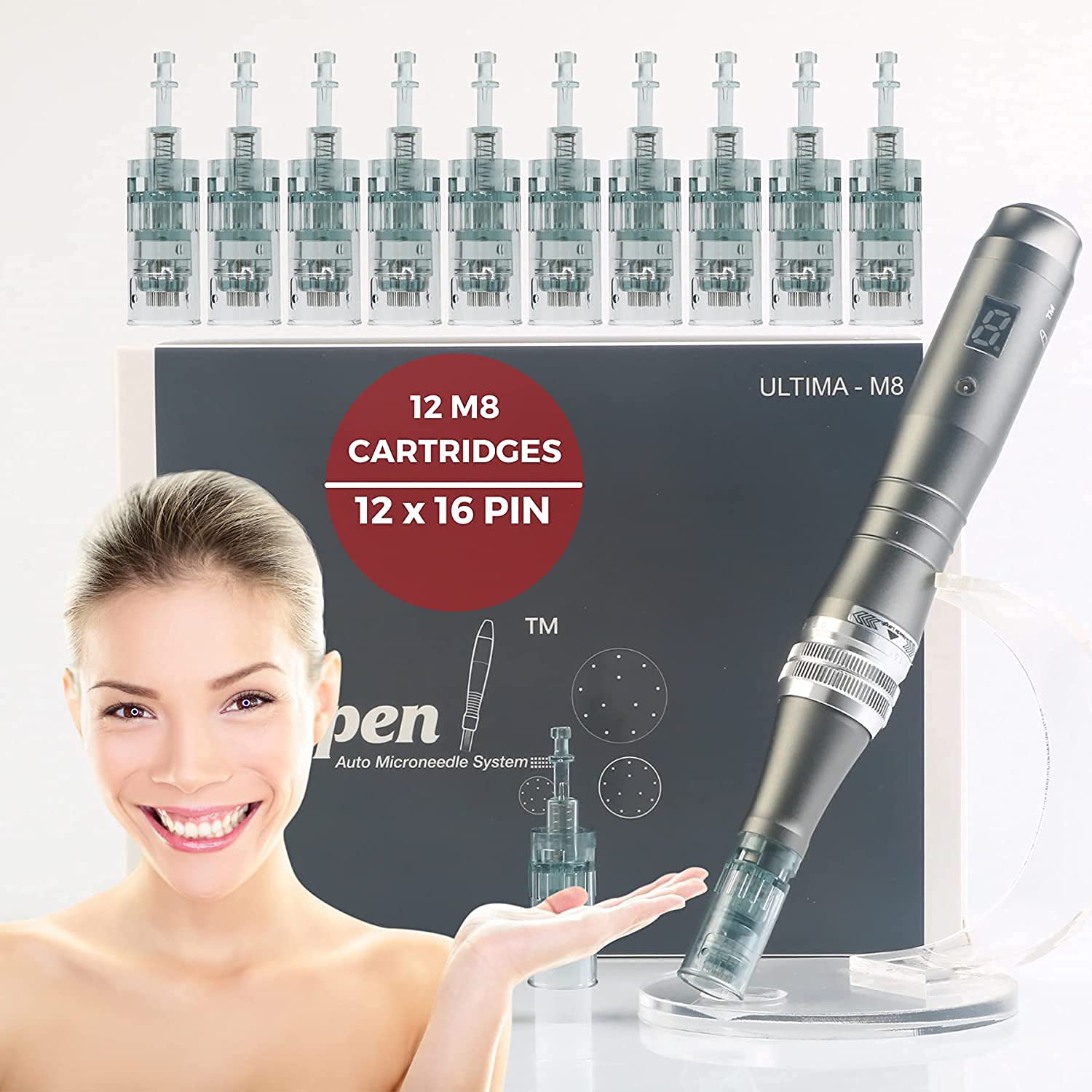 Professional Electric Auto Dr. Pen Ultima M8 Microneedling Pen Wireless Derma Pen Skin Care Tool 6 Level Speed Digital Dispay with 12pcs Needles