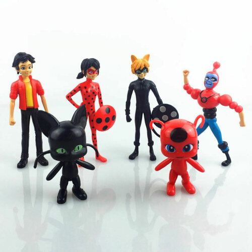 6PCS Miraculous Ladybug Tikki Noir Cat Plagg Adrien Figures Doll Toy