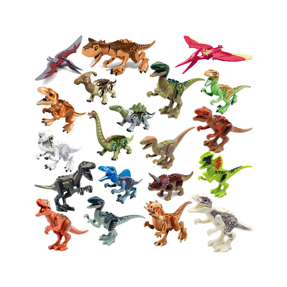 Jurassic Dinosaurs Minifigures Building Toys Playset 20 Pcs with Khaki Velociraptor Green Velociraptor Velociraptor Small Tyrannosaurus Rex Indominus Rex Tyrannosaurus Triceratops Tyrannosaurus Rex Stegosaurus Dilophosaurus Gifts for Kids