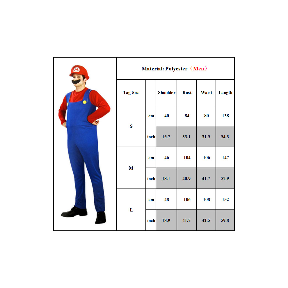 ((Men) Green Luigi, L) Boy Super Mario Costume Party Cosplay Fancy Dress Outfits Hat Set