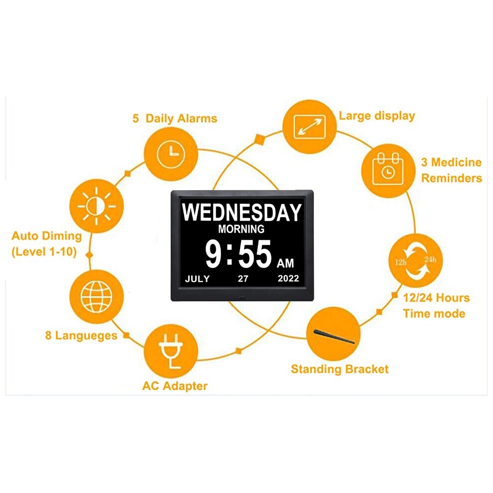 (7 Inch White) Digital Alarm Clock Dementia Elder Christmas Gifts