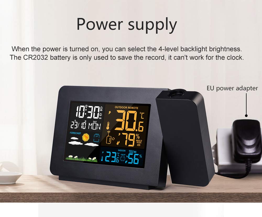Projection Alarm Clock with Outdoor Sensor Personal Weather Station for Bedroom Projector Dimmable Clock Dual Alarms LCD Display Date Time Temperature Humidity