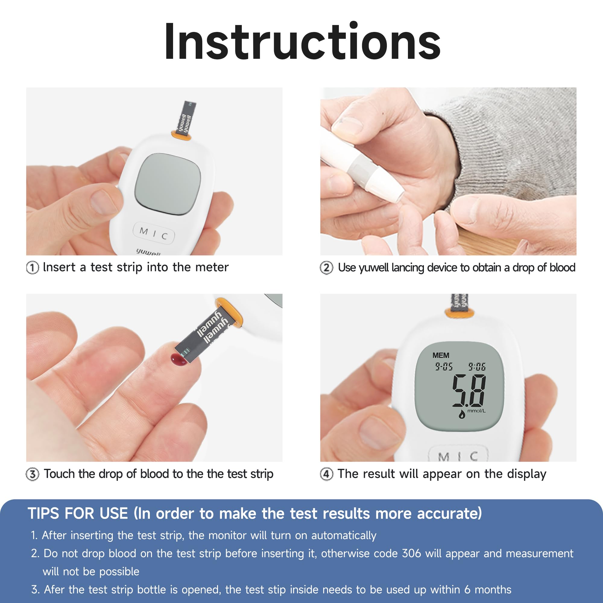(test strips set 50pcs for model 710 and 582) yuwell Blood Glucose Monitor Blood SugarTesting Kit with Test Strips x 50 and Lancets x 50 Ideal for Home Use Batteries Included