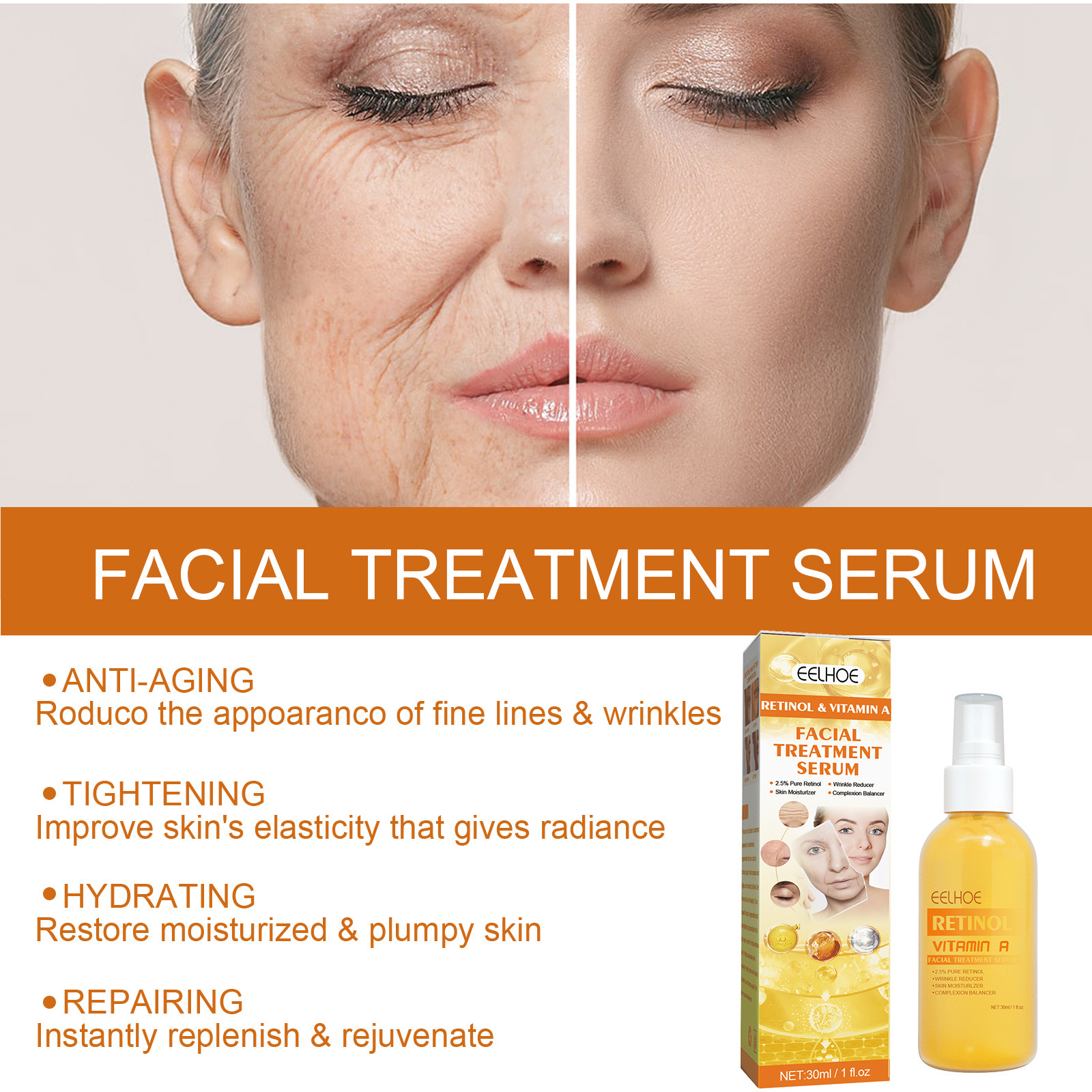 (1 PC) Retinol Anti Wrinkle Essence Against Multiple Fine Line Serum Spray Anti Aging Firming Pore Shrink Brightening Lifting Hydrating Tightening Nourishing