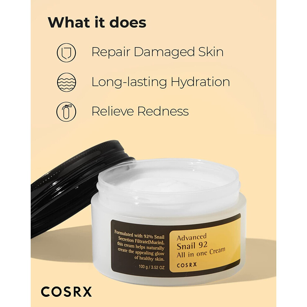 COSRX Advanced Snail 92 All in one Cream, 3.53 oz/100g Moisturizing Snail Secretion Filtrate