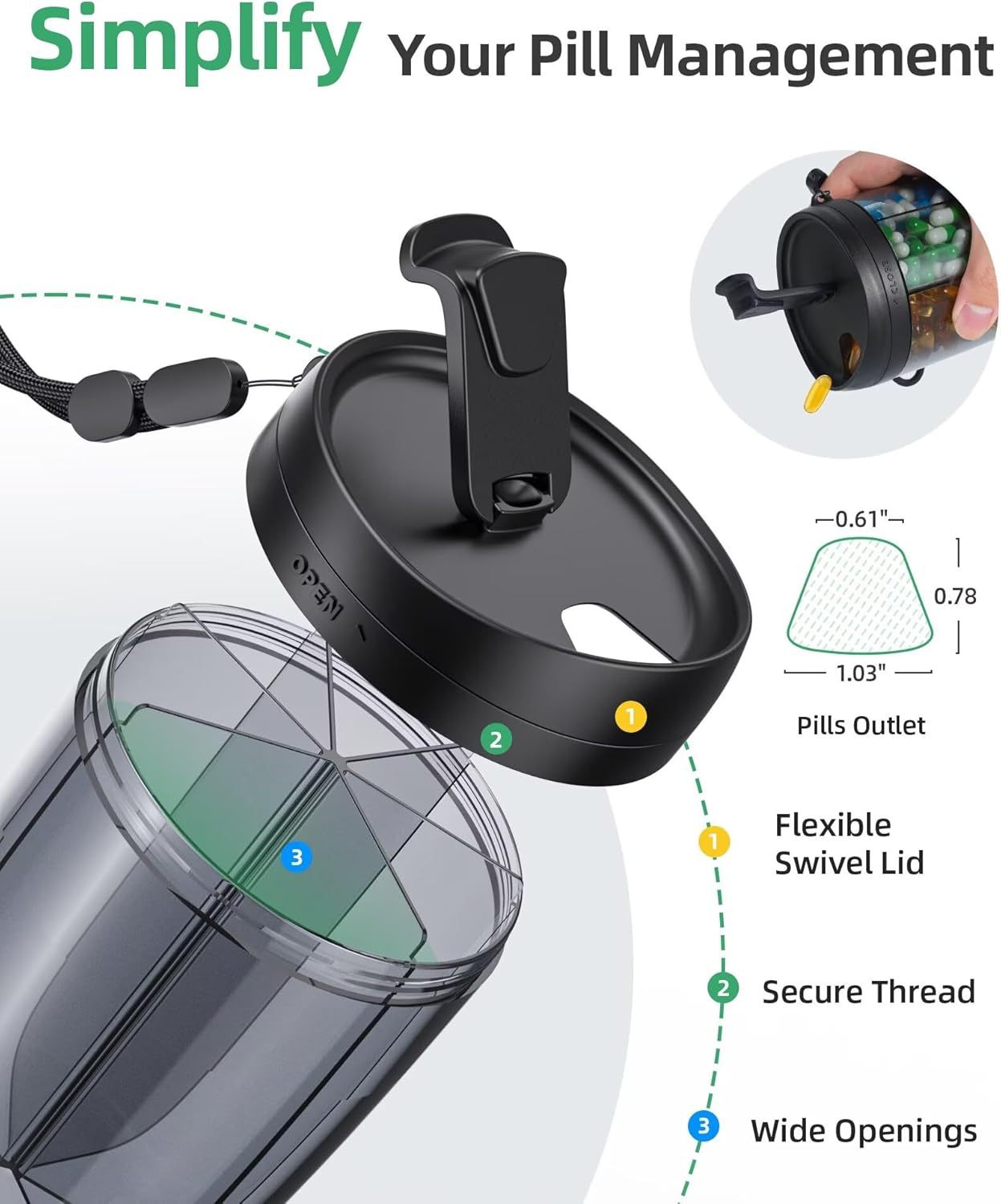 (Blue) Travel Pill Case Box Medicine Tablets Portable Storage Straw Container 6 Grids Large Pill Cup Bottle Organizer Supplement Organizer Holding 6 Various Vitamins