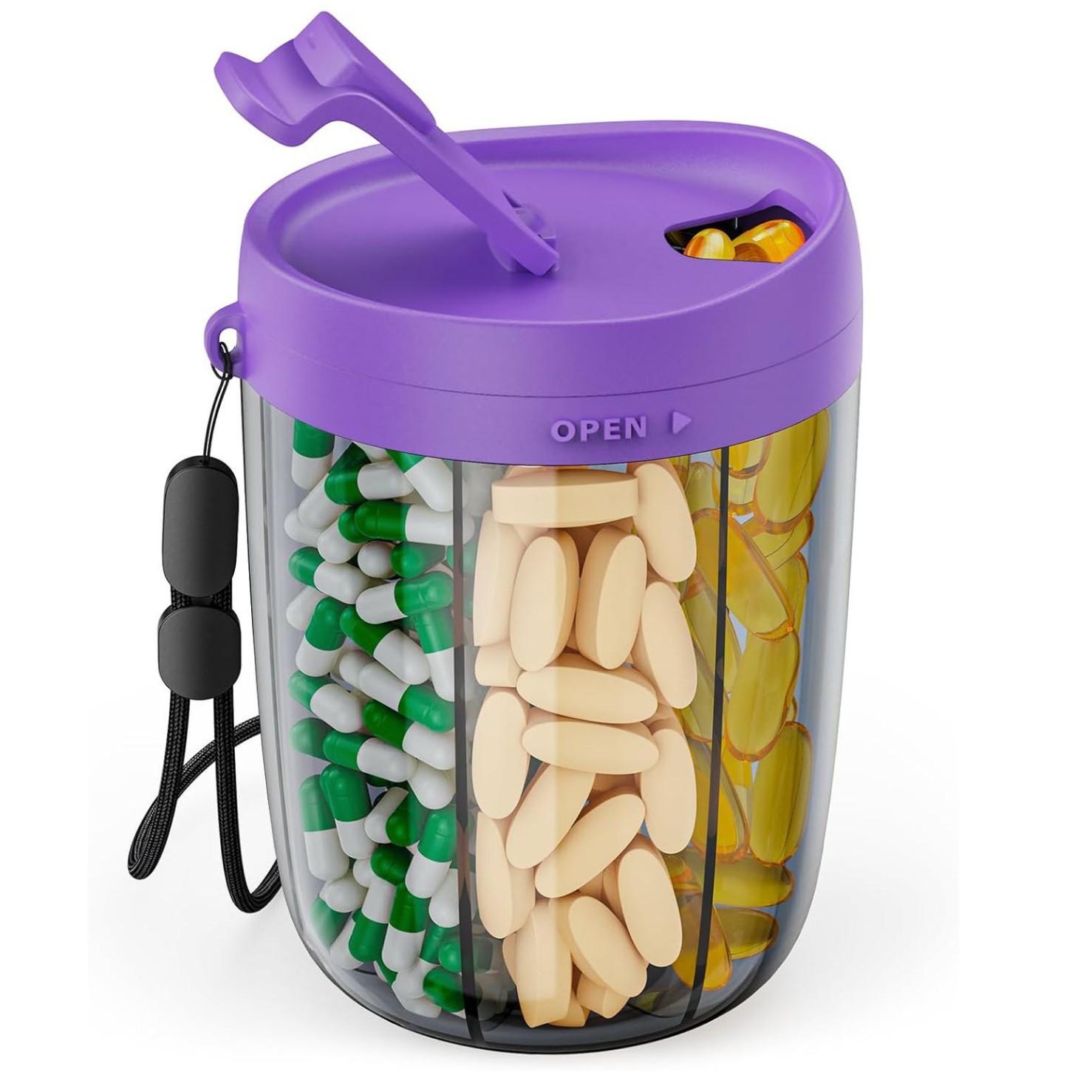 (Blue) Travel Pill Case Box Medicine Tablets Portable Storage Straw Container 6 Grids Large Pill Cup Bottle Organizer Supplement Organizer Holding 6 Various Vitamins