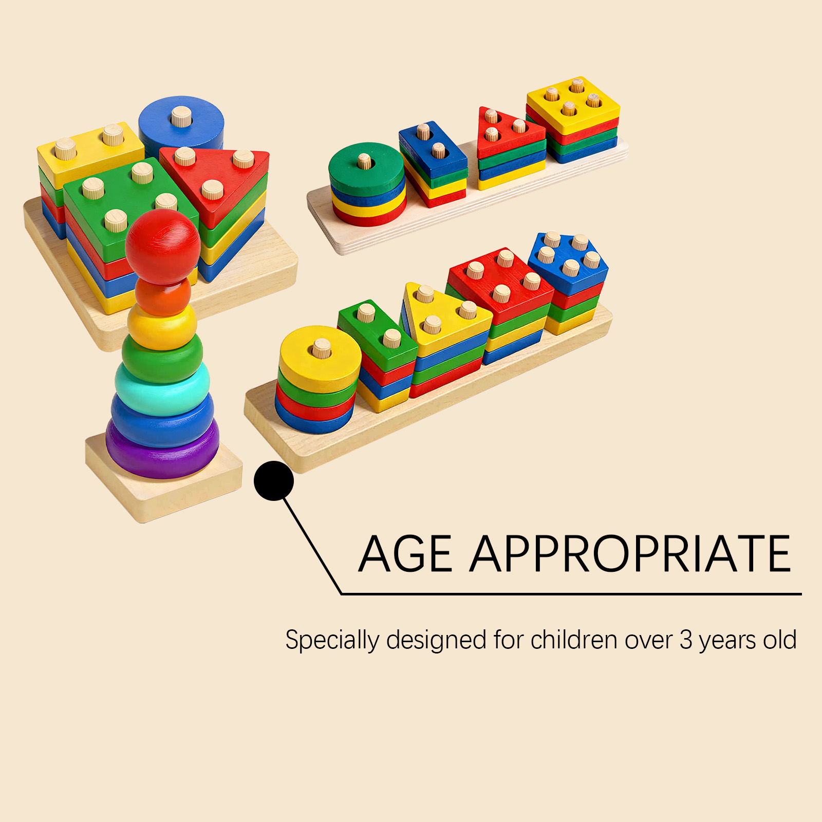 (A) Montessori Wooden Sorting Stacking Toys Puzzle for Toddlers and Kids Preschool Fine Motor Skill Toy for 1 Years ﻿