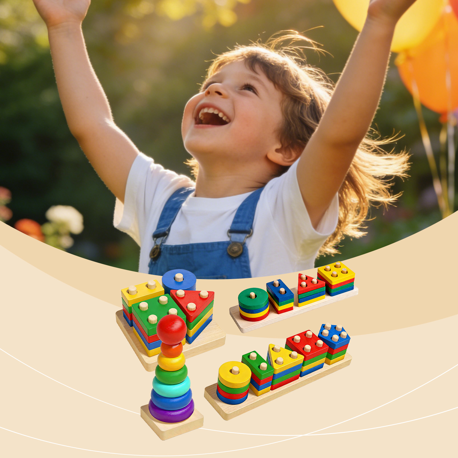 (B) Montessori Wooden Sorting Stacking Toys Puzzle for Toddlers and Kids Preschool Fine Motor Skill Toy for 1 Years ﻿