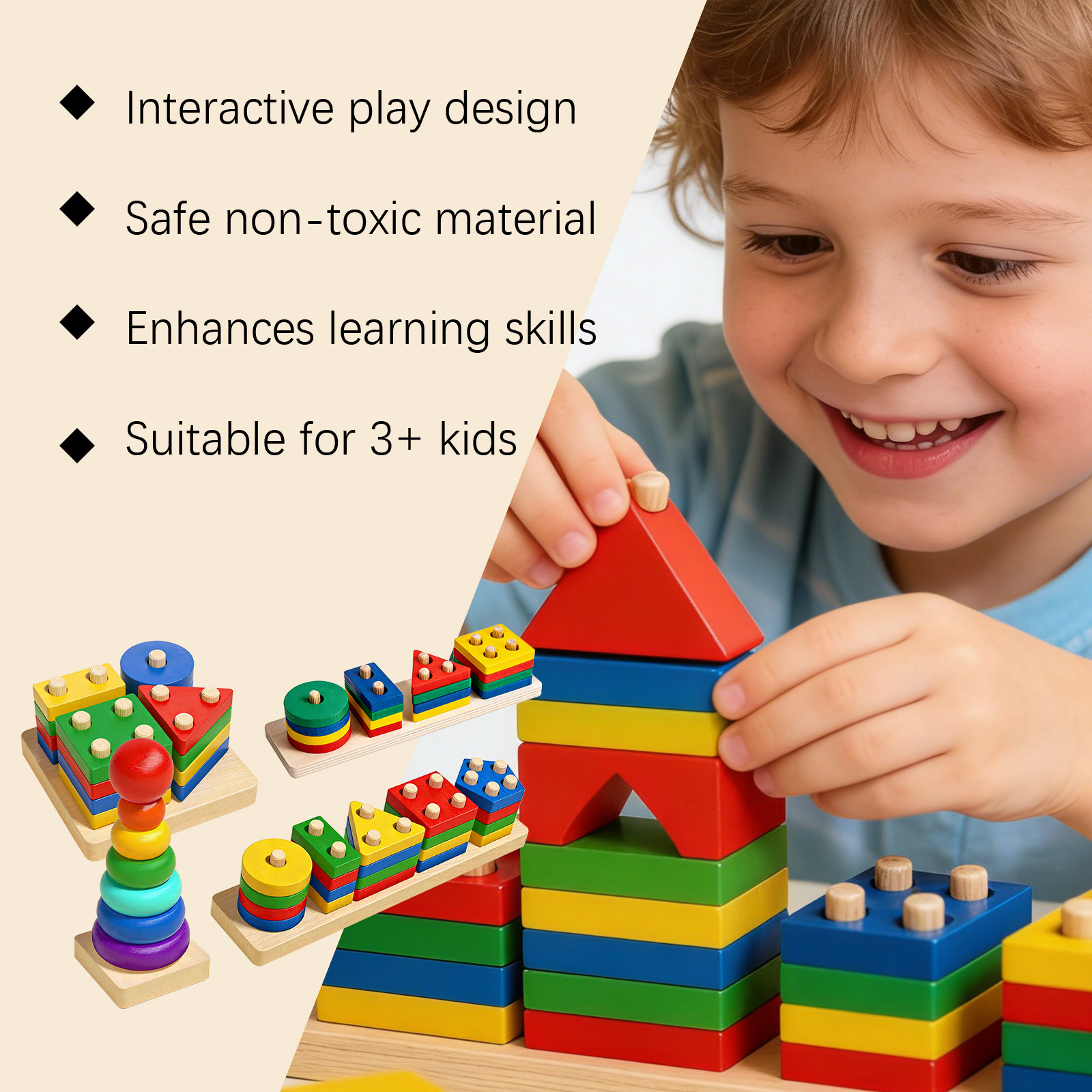 (B) Montessori Wooden Sorting Stacking Toys Puzzle for Toddlers and Kids Preschool Fine Motor Skill Toy for 1 Years ﻿