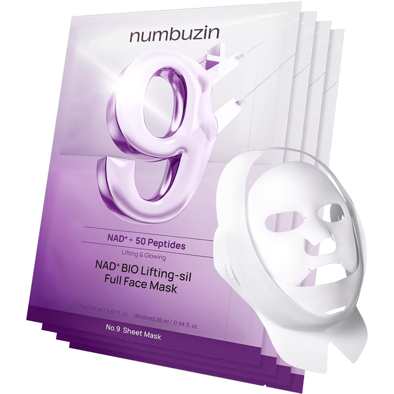 numbuzin No.9 Firming Sheet Mask with NAD Collagen Anti-Aging Face Mask Wrinkles Fine Lines Smoother Firmer-Looking Skin Defined Contours 4 Masks Lifting Band