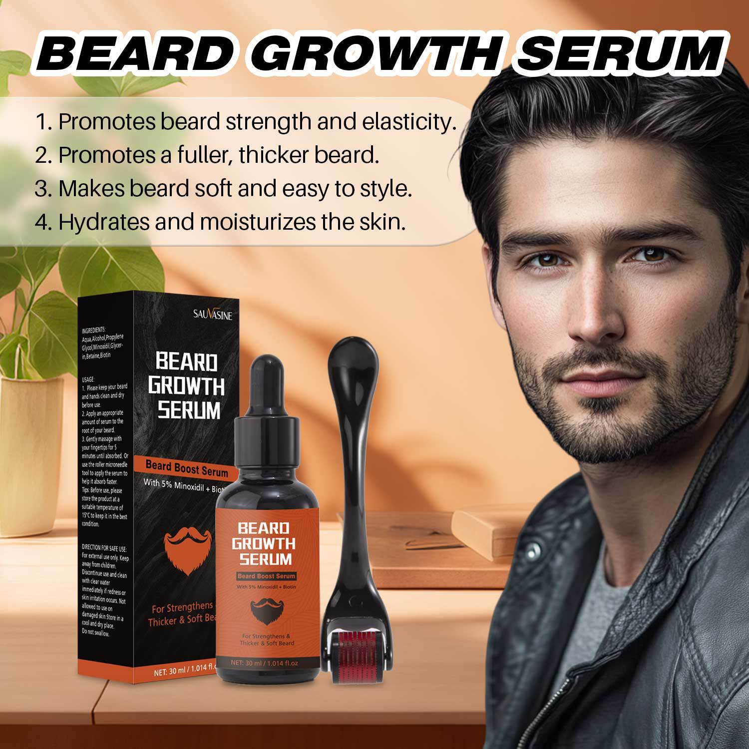 Beard Growth Serum With Microneedle Roller Set For Stimulating Facial Hair And Nourishing Beard Care 30ml