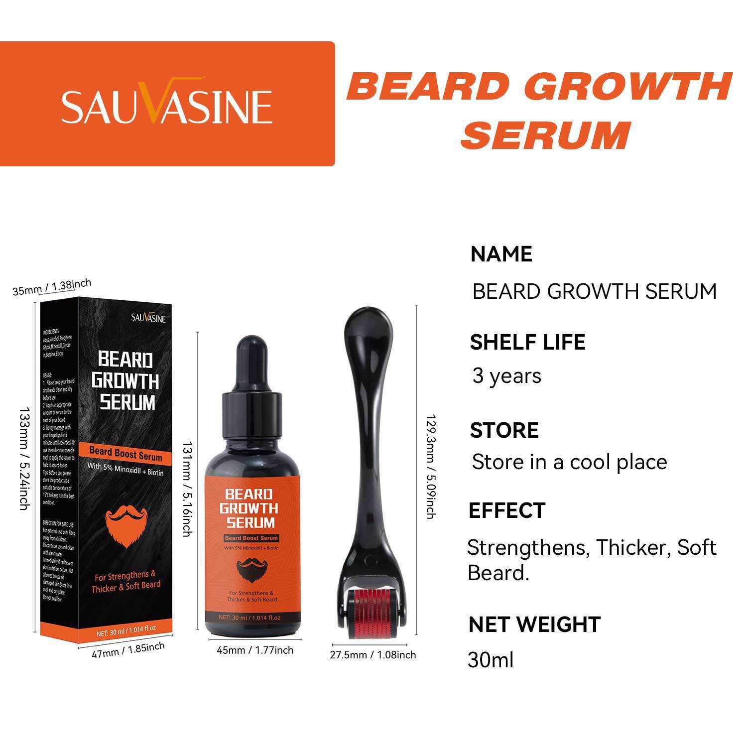 Beard Growth Serum With Microneedle Roller Set For Stimulating Facial Hair And Nourishing Beard Care 30ml