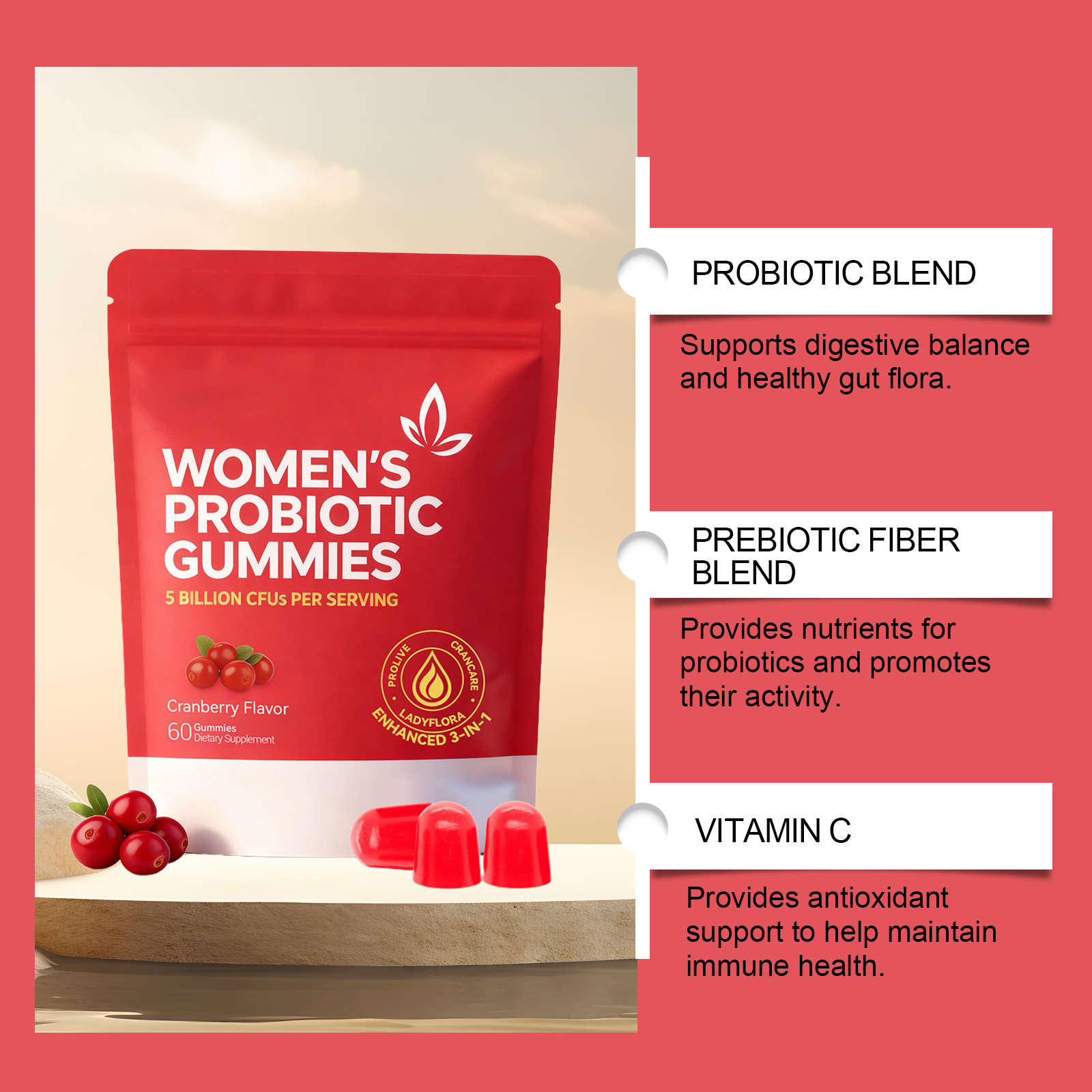 Womens Probiotic Gummy Mild Ingredients Care Body Gentle Maintenance Boost Vitality Improve Physical Condition For Daily Female Care