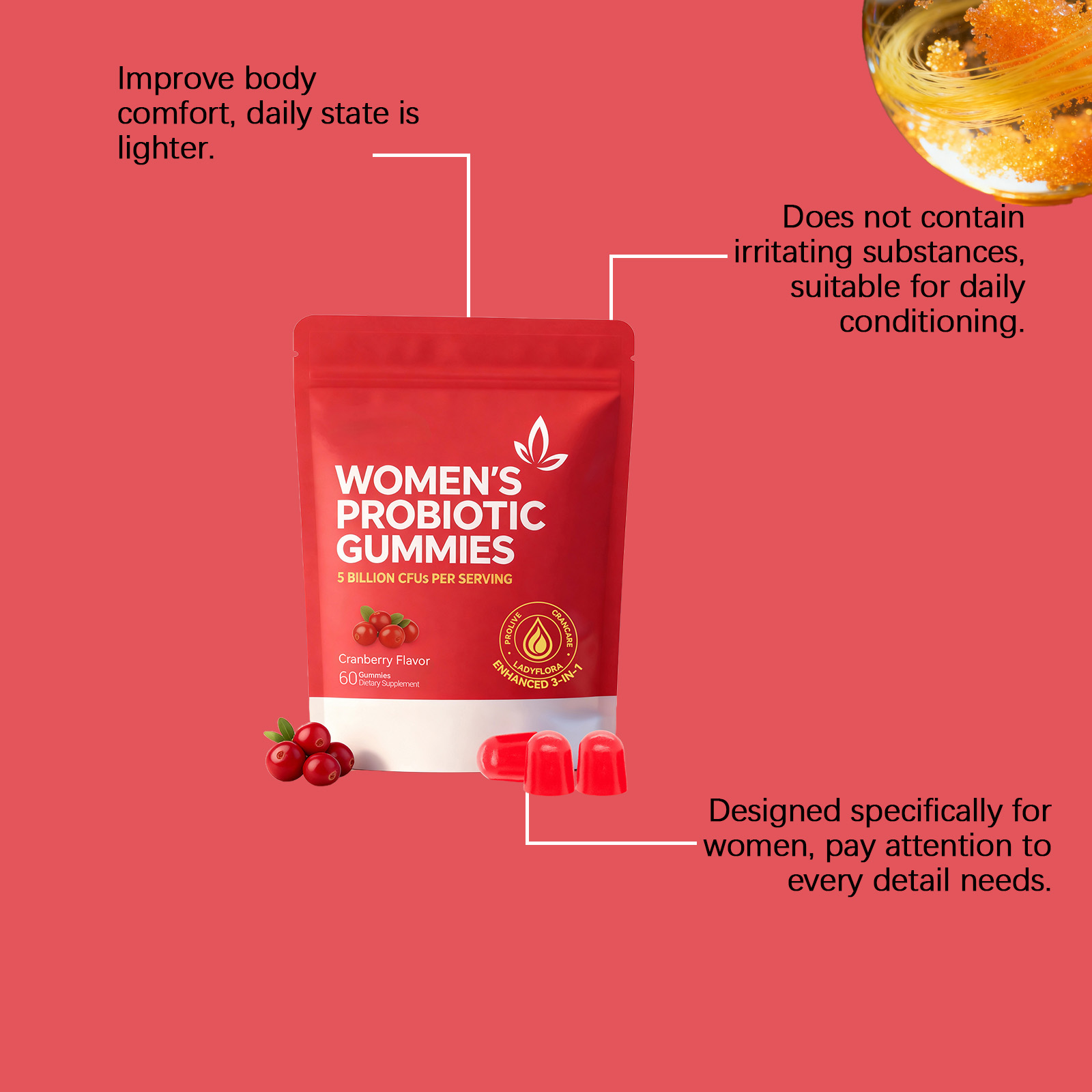 Womens Probiotic Gummy Mild Ingredients Care Body Gentle Maintenance Boost Vitality Improve Physical Condition For Daily Female Care