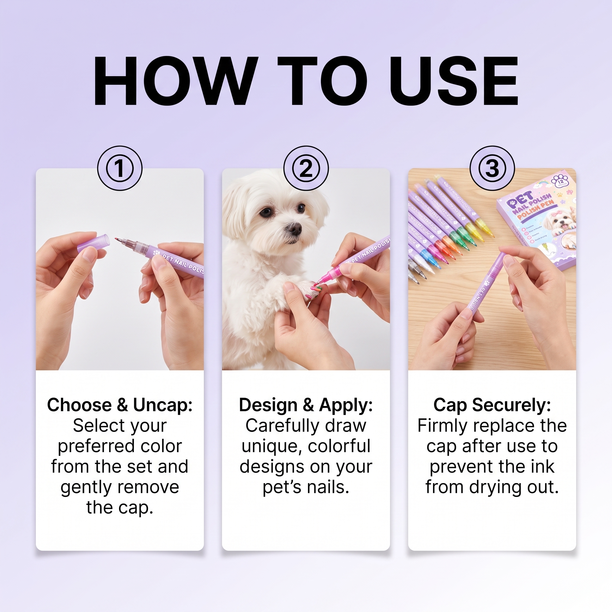 Pet Nail Painting Pen Even Coloring Easy To Clean Multiple Bright Colors For Cats And Dogs