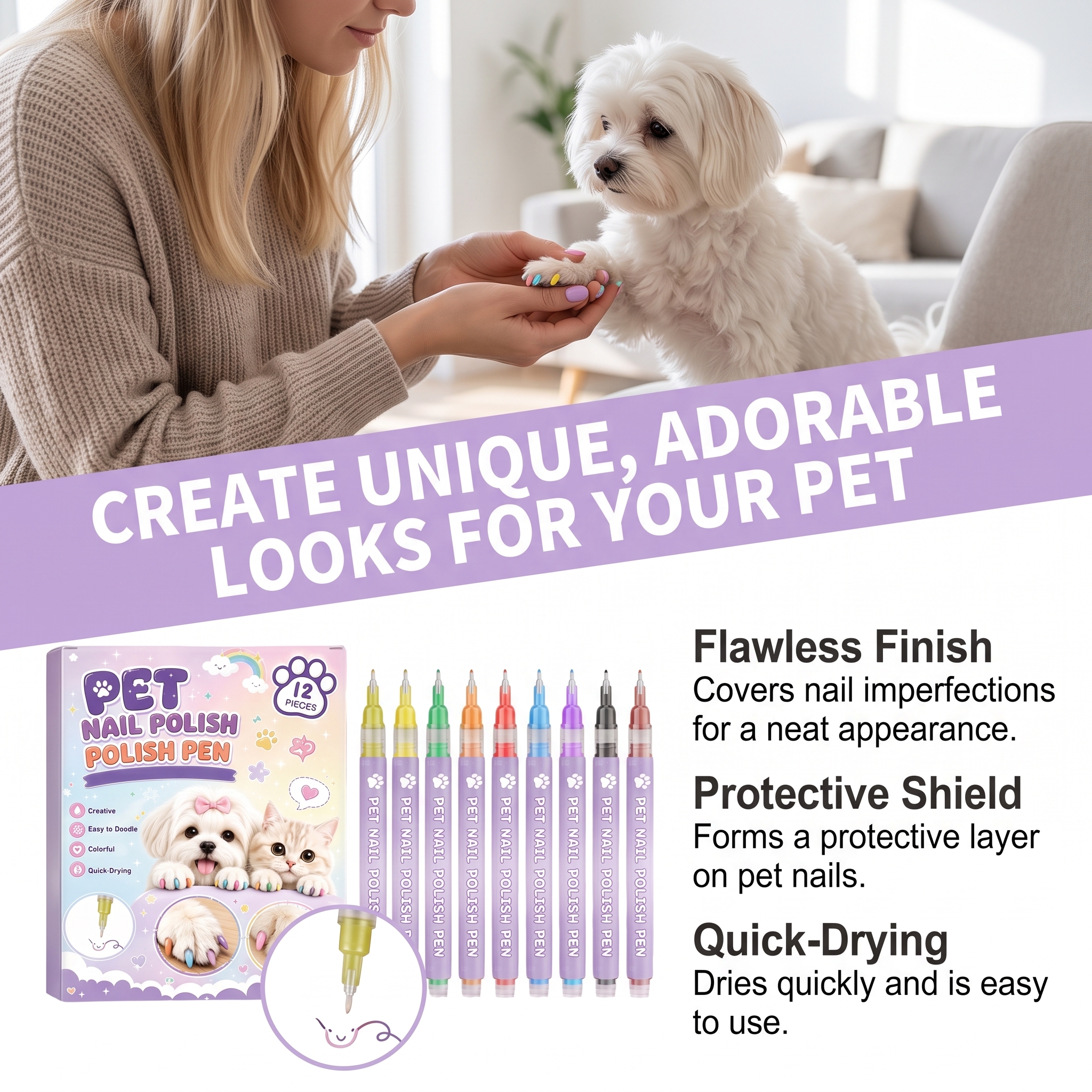 Pet Nail Painting Pen Even Coloring Easy To Clean Multiple Bright Colors For Cats And Dogs
