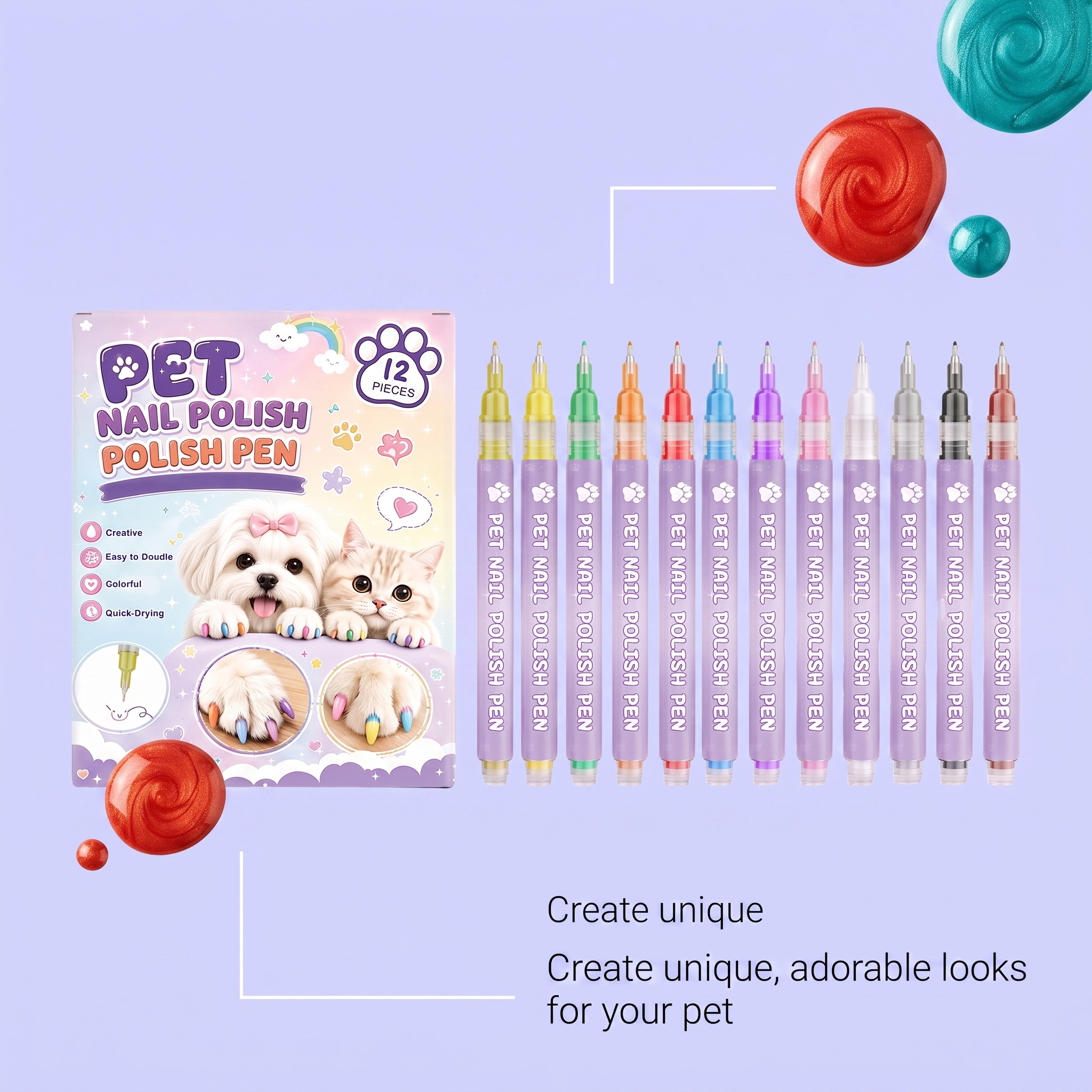 Pet Nail Painting Pen Even Coloring Easy To Clean Multiple Bright Colors For Cats And Dogs