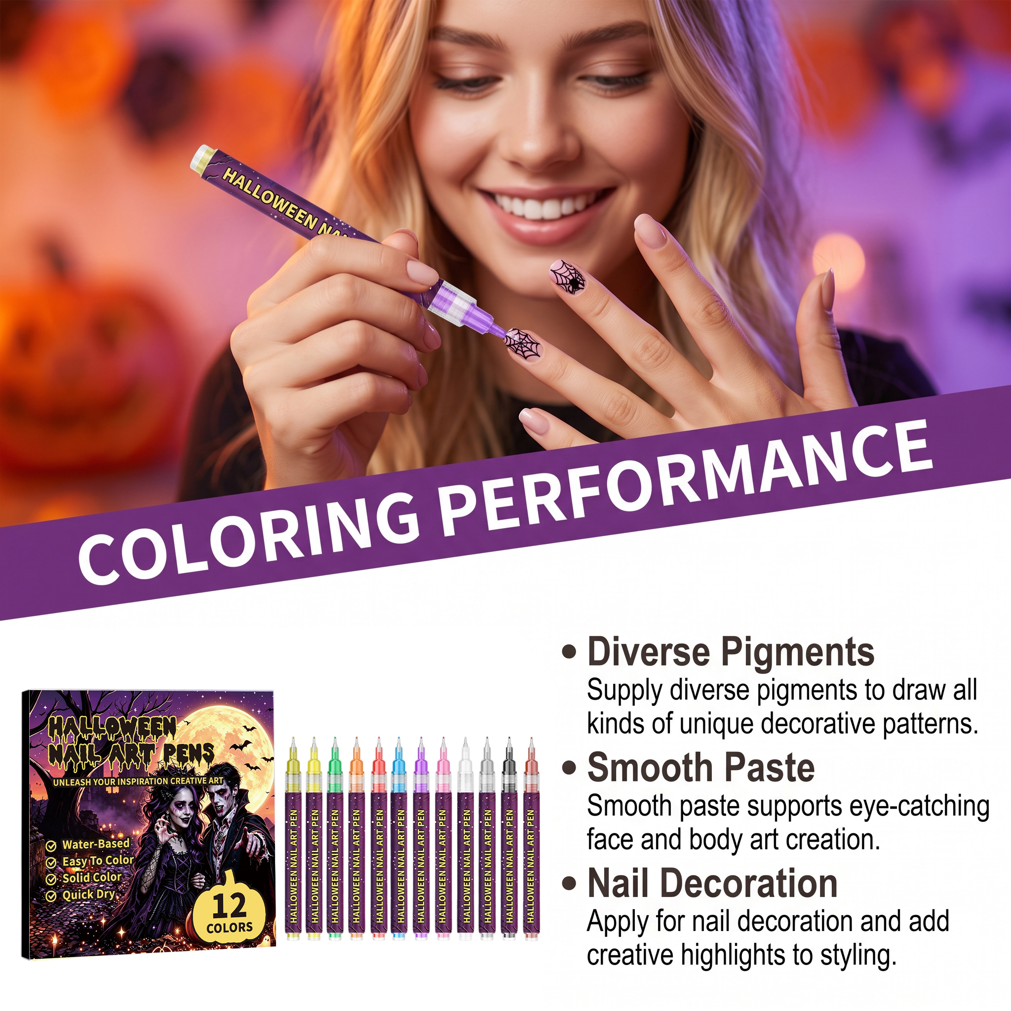 Halloween Nail Pen Twelve Color Diy Manicure Pen Beginner Friendly Easy Smear Waterproof Convenient Nail Painting Kit