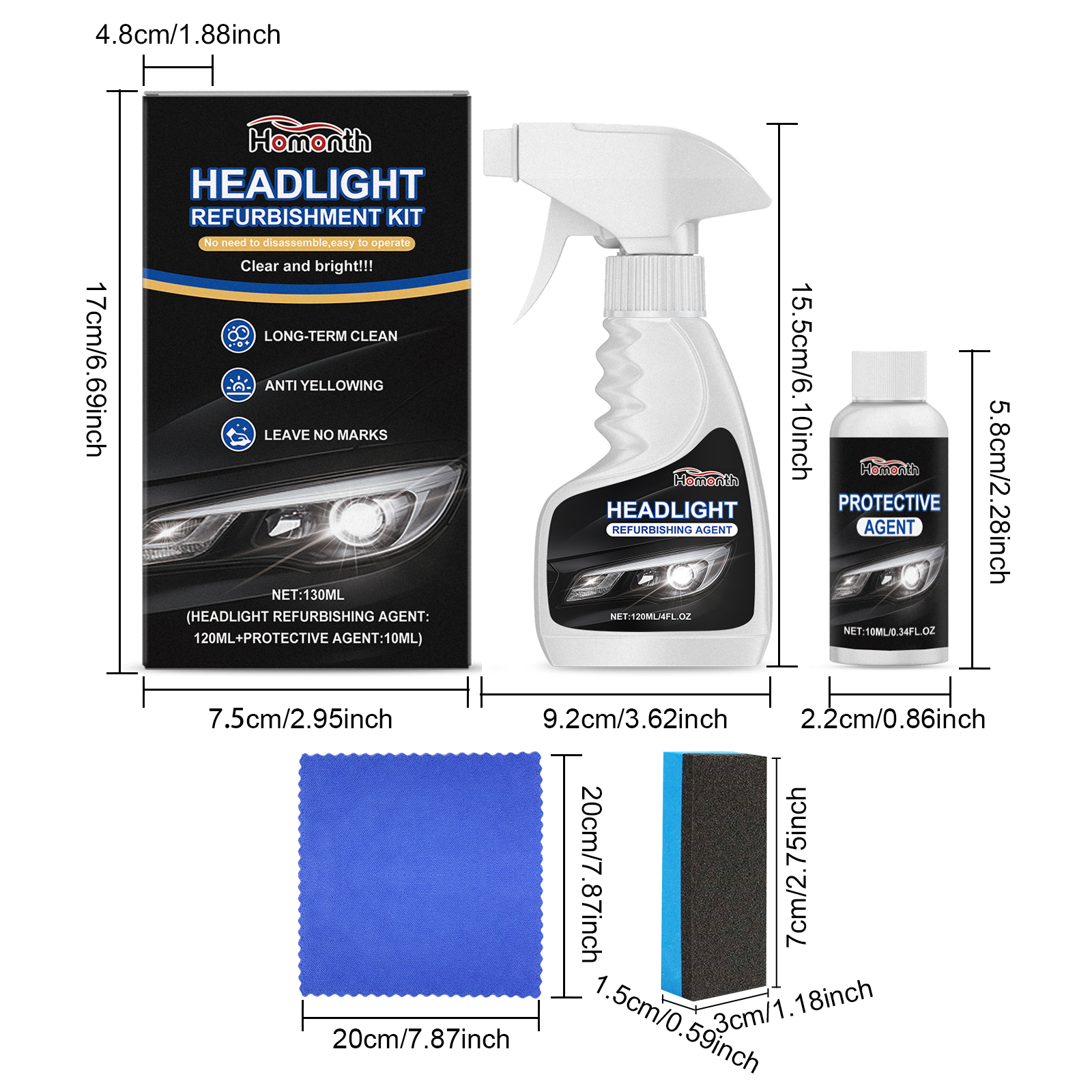 Headlight Restoration Kit Surface Yellowing Fogging Scratch Maintenance Clean Care Set