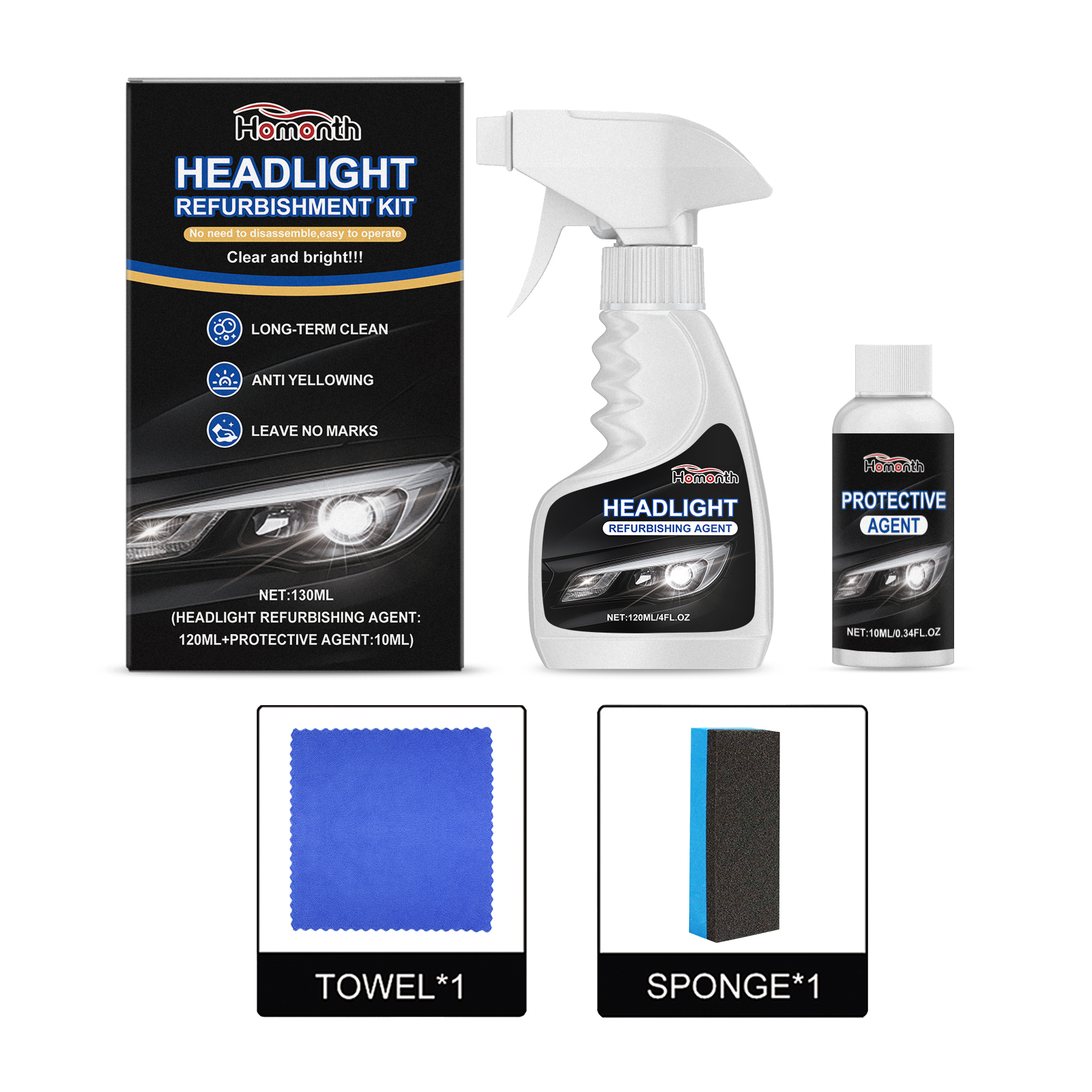 Headlight Restoration Kit Surface Yellowing Fogging Scratch Maintenance Clean Care Set