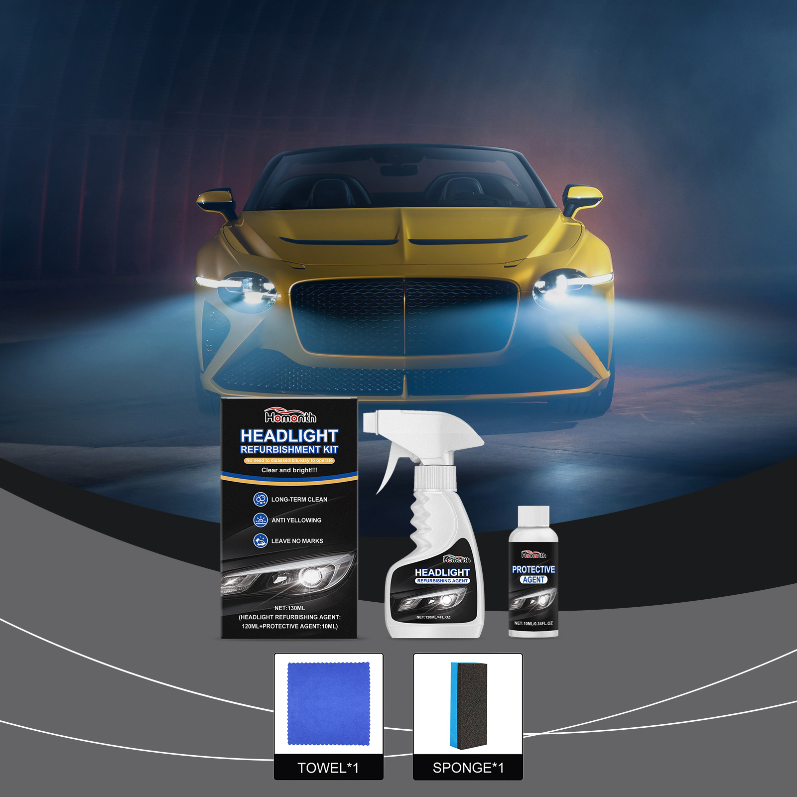 Headlight Restoration Kit Surface Yellowing Fogging Scratch Maintenance Clean Care Set