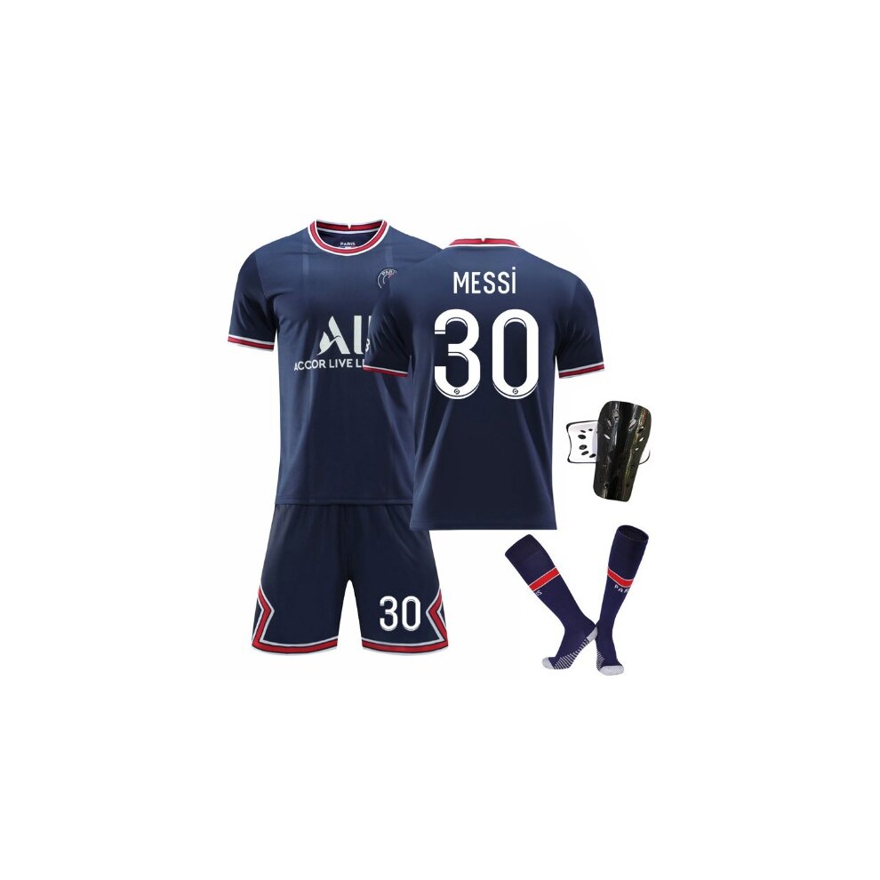 (3PCS Set Adults XXL) PSG Jersey Kit Messi Name Jersey Set Include Shorts T-Shirt Socks 21-22 Paris Home Football Kits Teens Kids Boys Football Jersey Sport Training Jersey Suit Childrens France Football Jersey Sports Suit Number 30 Blue